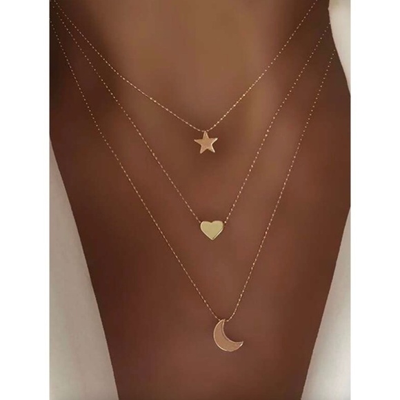 Gold Multilayer Pendant Necklace Moon Star Heart Celestial Goddess Boho Bohemian - Picture 1 of 7